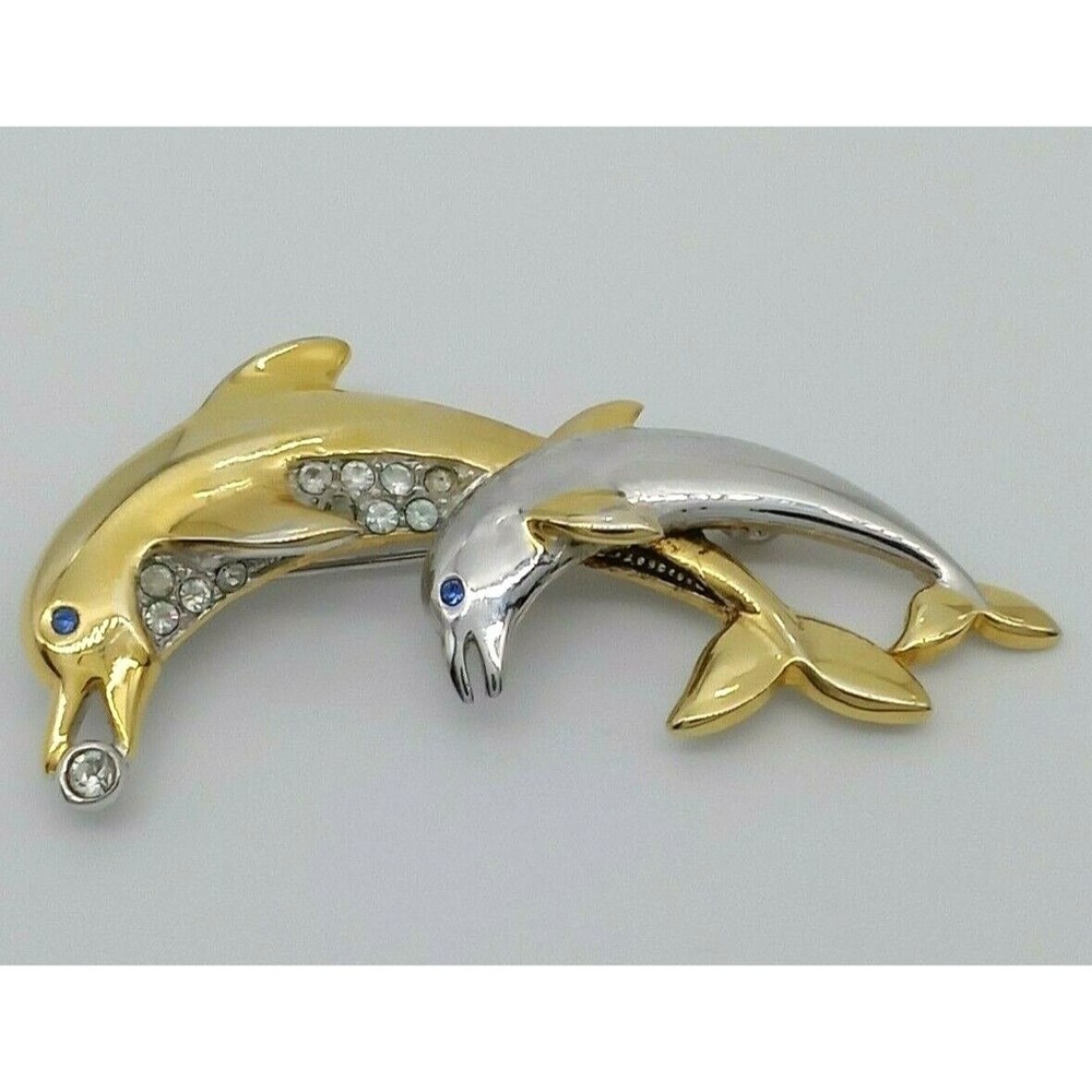 Vintage Dolphin Brooch Pin Silver And Gold Tone Metal Blue Rhinestone Eyes Shiny